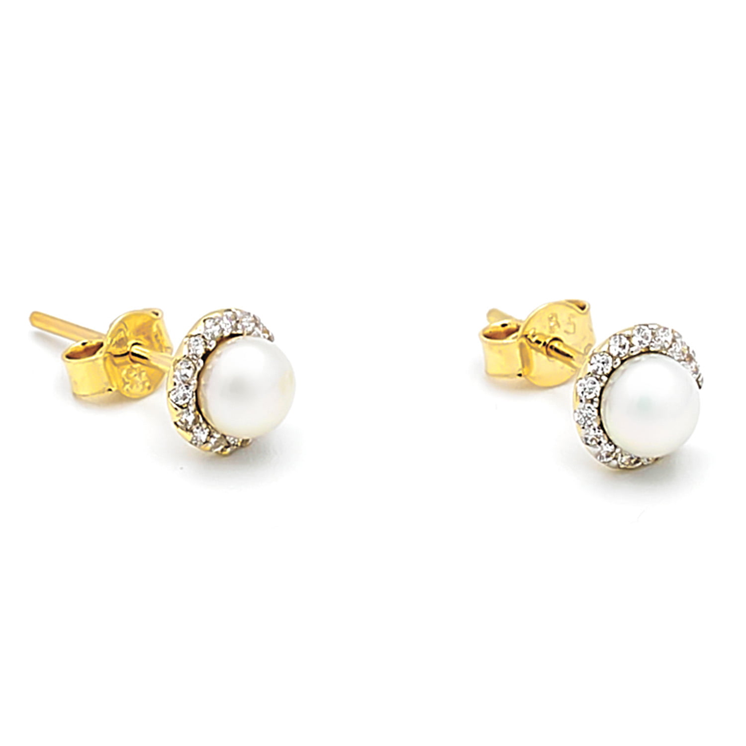 Cercei Cassie cu perla alba de cultura de 5mm si diamante de 0.22CT, din aur galben de 14k