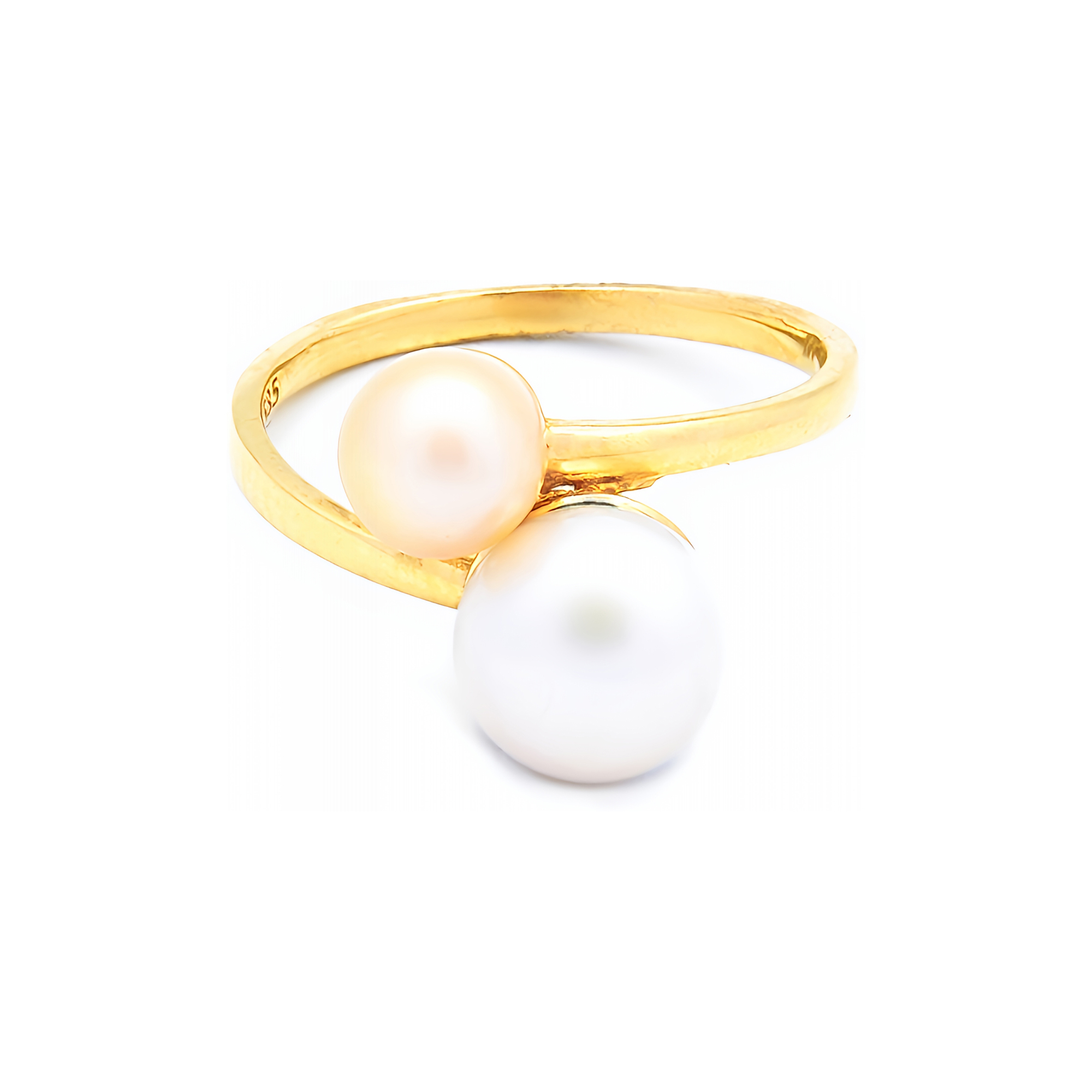 Inel Eralda cu doua perle albe-rose de cultura de 6-8mm, aur galben de 14k