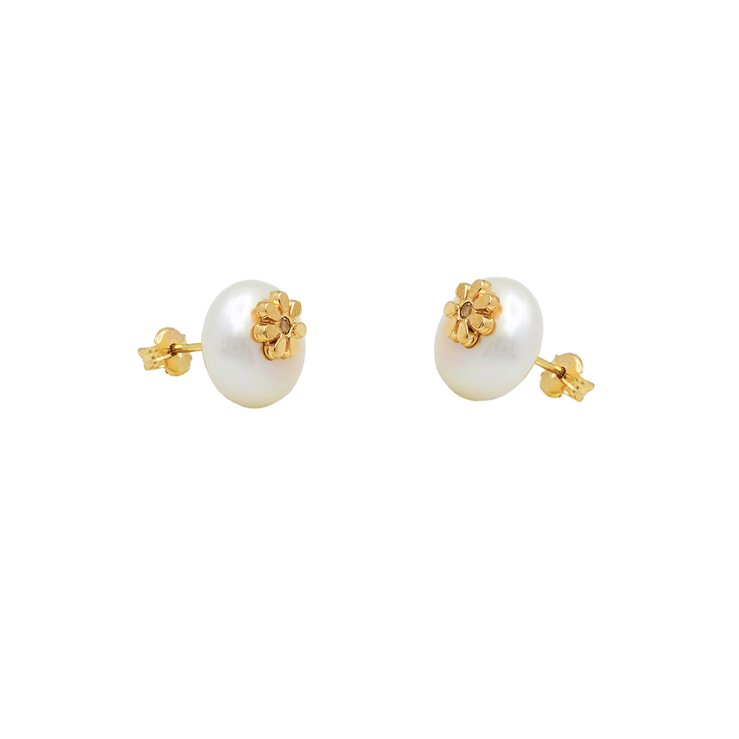 Cercei Full Flower cu perle albe de cultura de 9.5mm din aur galben de 14k