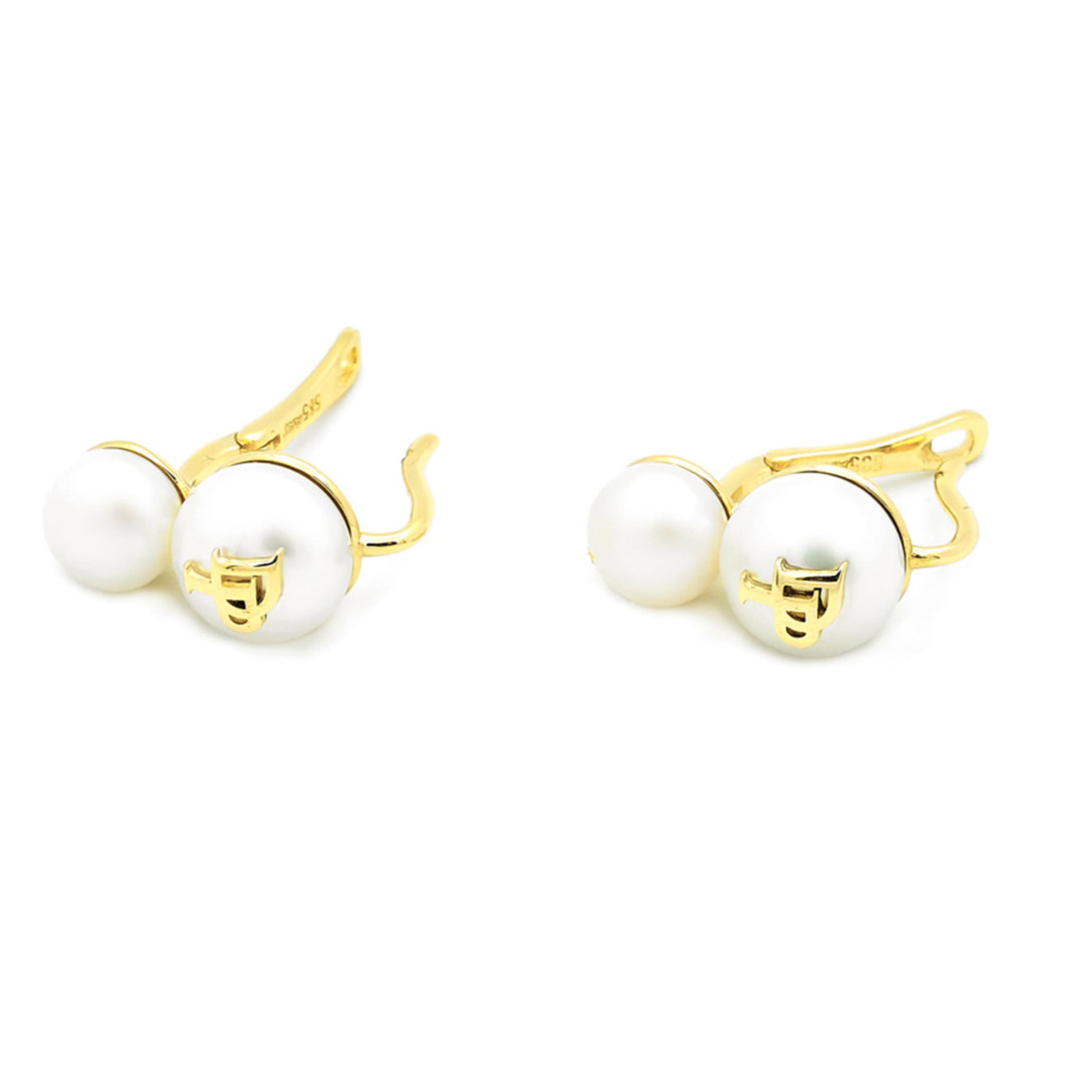 Cercei Signature cu perle albe de cultura de 6-8mm, din aur galben de 14k