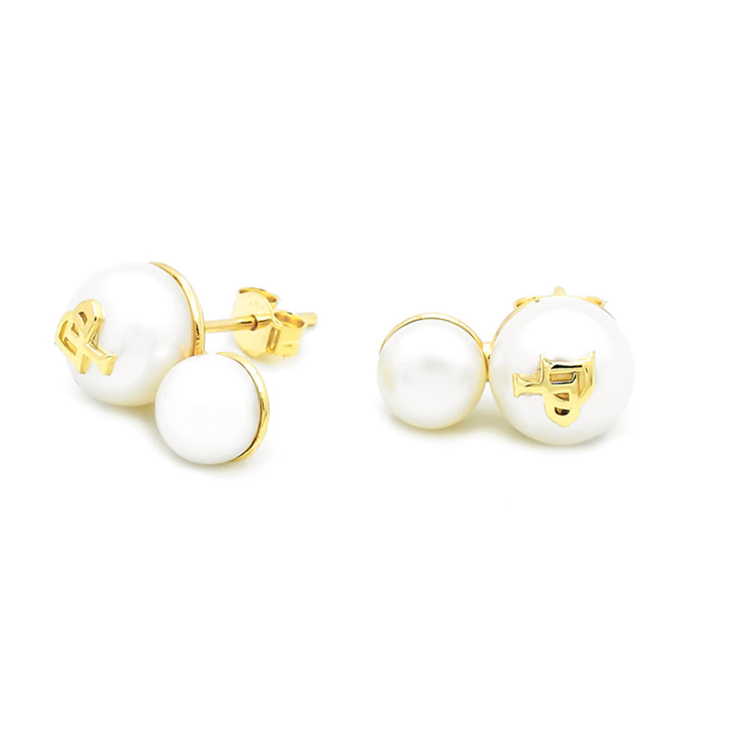 Cercei DP Monogram Duo cu perle albe de cultura 6-8mm, din aur galben de 14k
