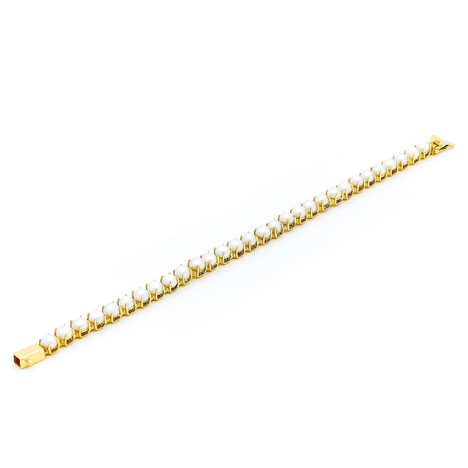 Bratara Tennis cu perle albe de cultura de 4-5mm din aur galben de 14k - imagine 3