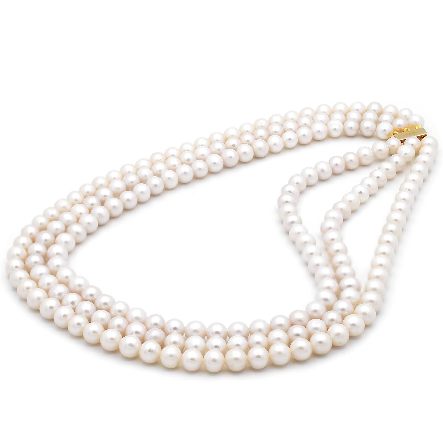 Colier Diva cu trei siraguri de perle albe de cultura de 6mm, inchizatoare din aur galben de 14k