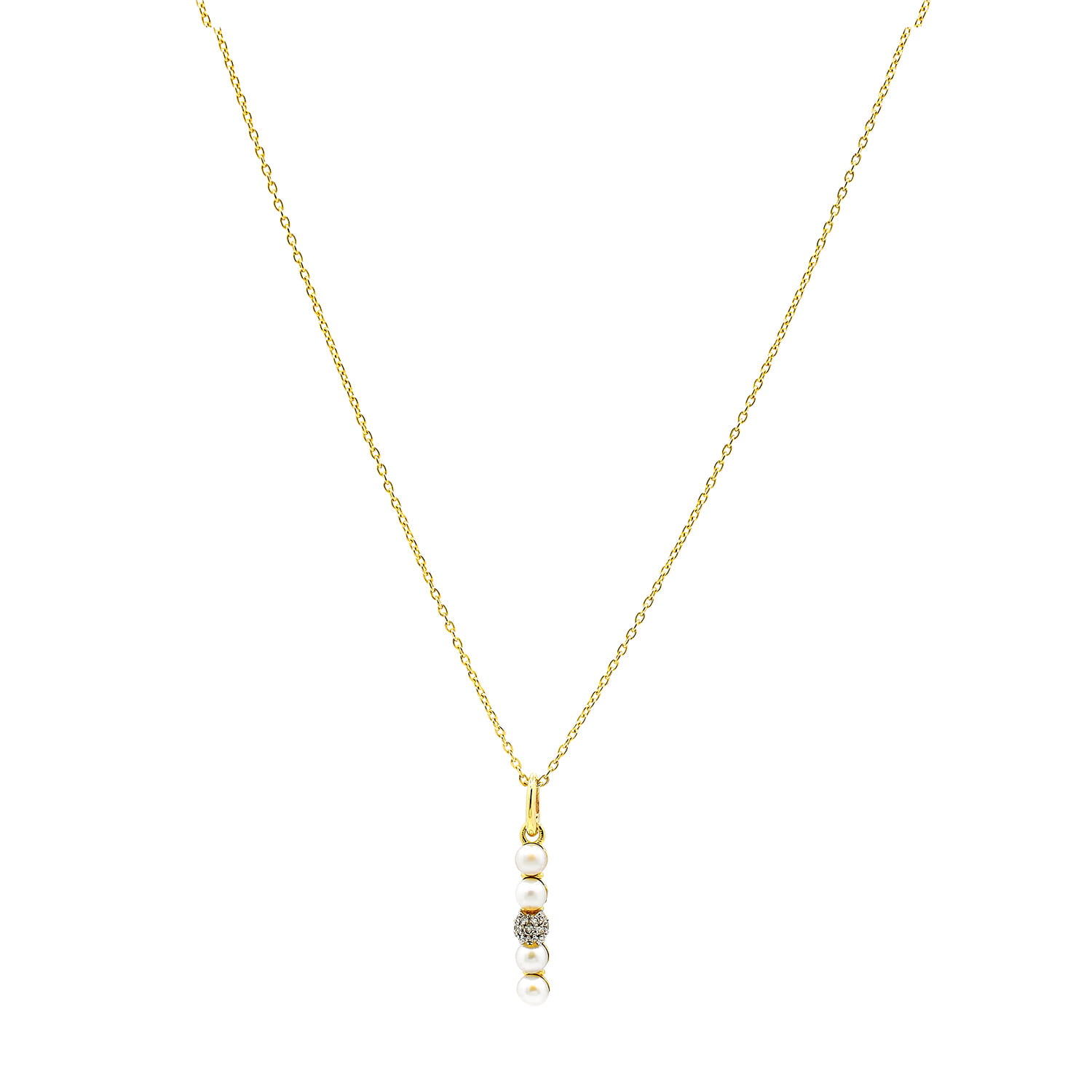 Colier Princess cu perle albe de cultura 3mm si diamante de 0.07CT, aur galben de 14k