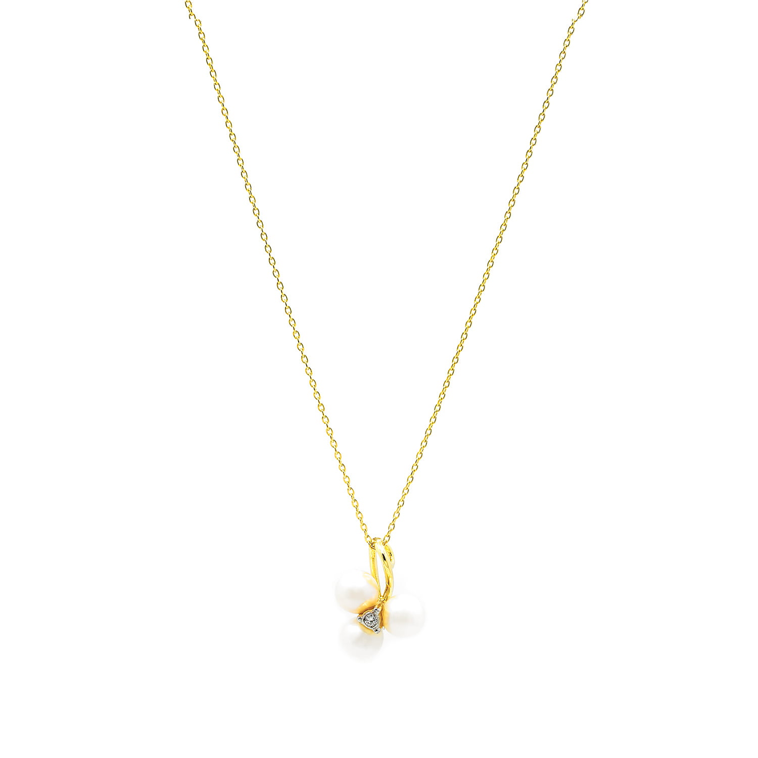 Colier Queen cu perle albe de cultura 6mm si diamant de 0.06CT, aur galben de 14k