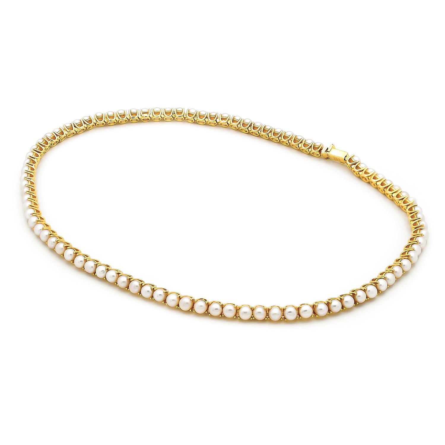 Colier Tennis cu perle albe de cultura de 4-5mm, din aur galben de 14k