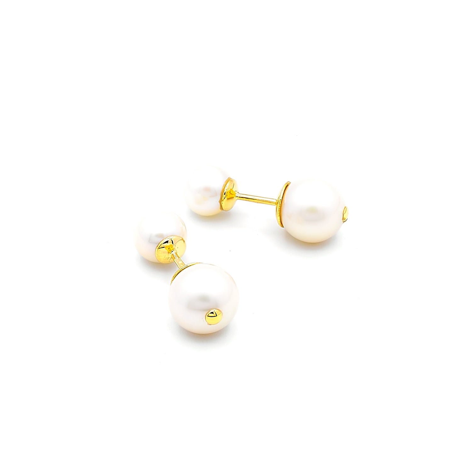 Cercei Kyra cu doua perle albe de cultura de 7-9mm din aur galben de 14k
