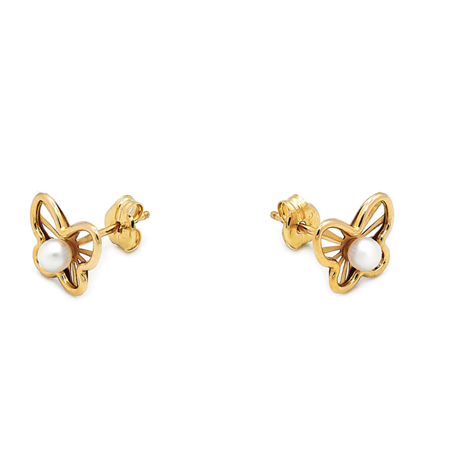 Cercei Butterfly cu perle albe de cultura de 2mm din aur galben de 14k