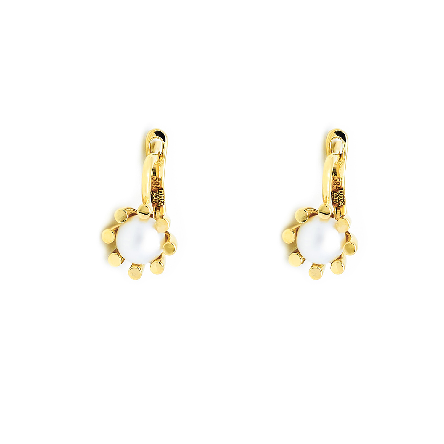 Cercei Sun cu perla alba de cultura de 7mm, din aur galben de 14k