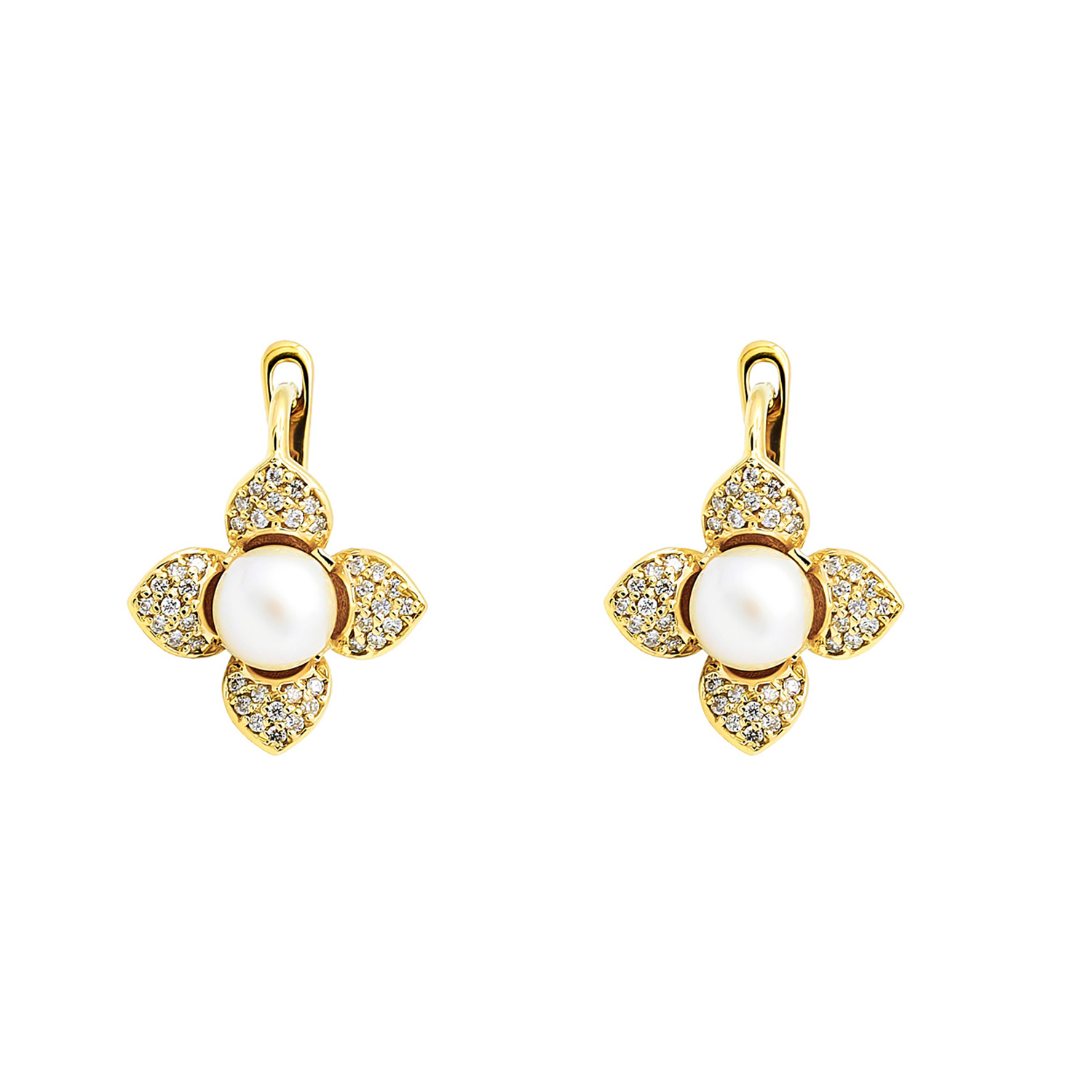 Cercei Flower cu perla alba de cultura de 6mm si diamante de 0.34CT,din aur galben de 14k