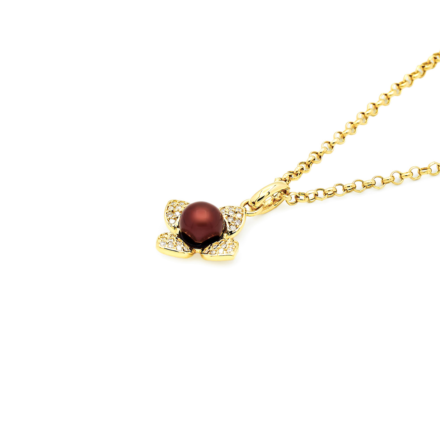 Colier Flower cu o perla neagra de cultura 6mm si diamant de 0.17CT, aur galben de 14k
