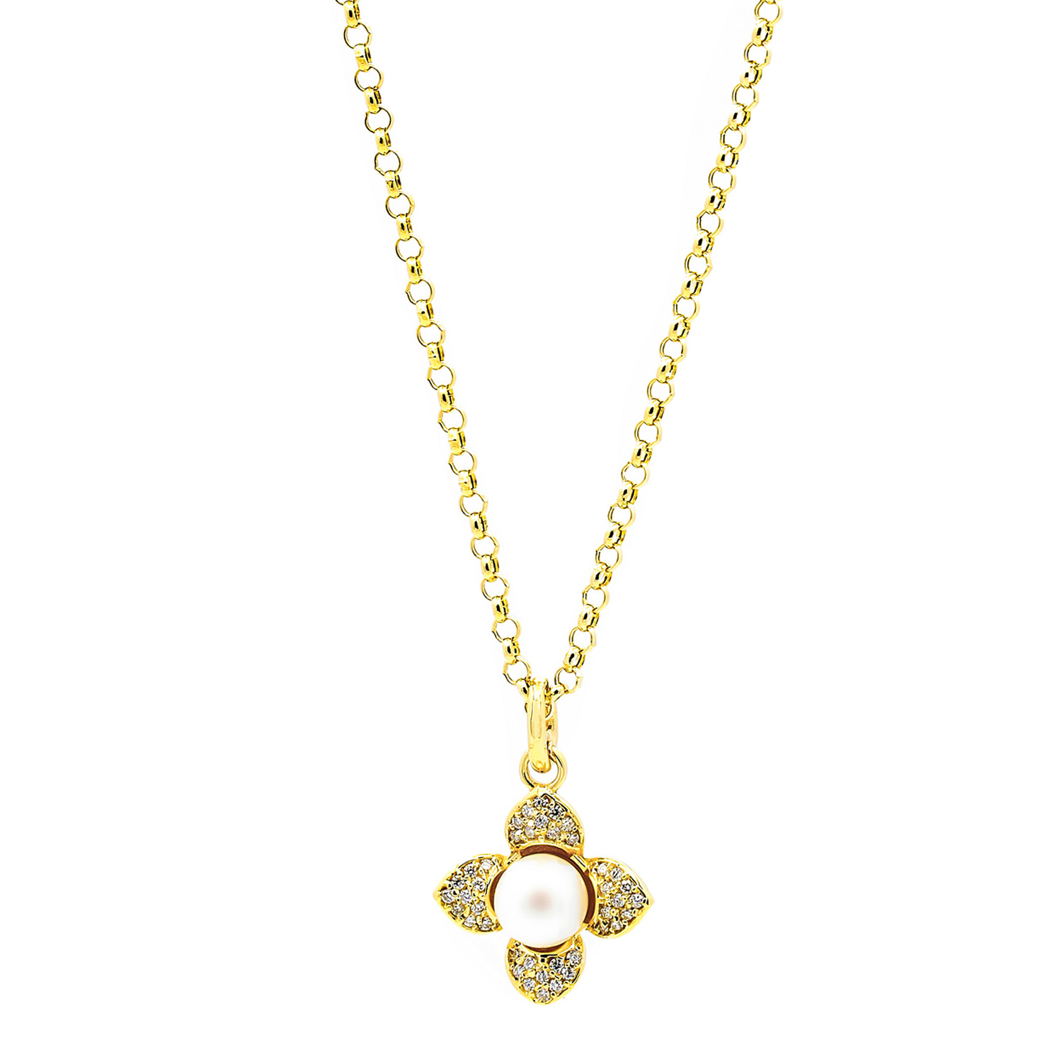 Colier Flower cu o perla alba de cultura 6mm si diamant de 0.17CT, aur galben de 14k